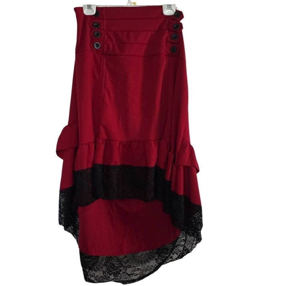 Women's Size XL Red Black Lace Hi-Lo Steam Punk Button Detail Skirt